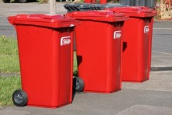 Three red bins on the side of a pavement.