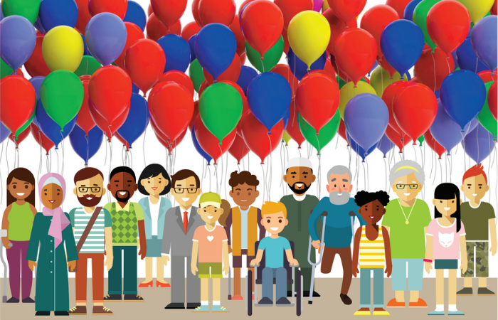 Group of people with balloons above