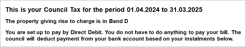 Example of a Council Tax bill section 3: dates, band, payment type