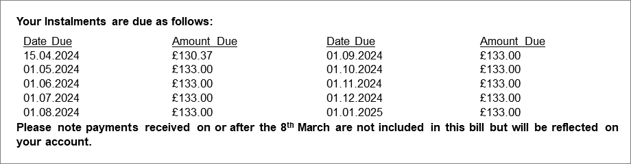 Example of a Council Tax bill section 5: instalments