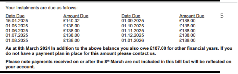 Example of a Council Tax bill section 5: instalments.