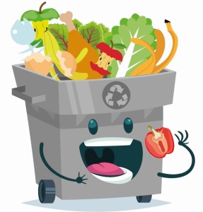 Cartoon image of happy food waste caddy eating half a tomato and filled with other food waste, such as, apple cores, lettuce leaves and chicken leg.
