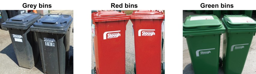Two sets of grey bins, red bins and then green bins.