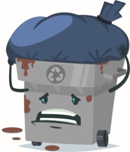 Cartoon image of a sad food waste caddy with leaking bin bag in it.