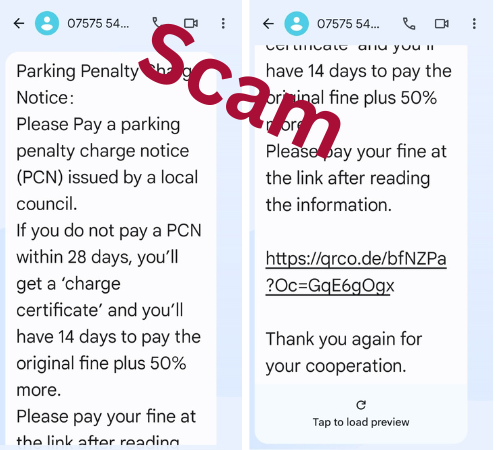 Scam text about parking fine