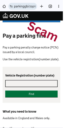 Scam website for parking fines