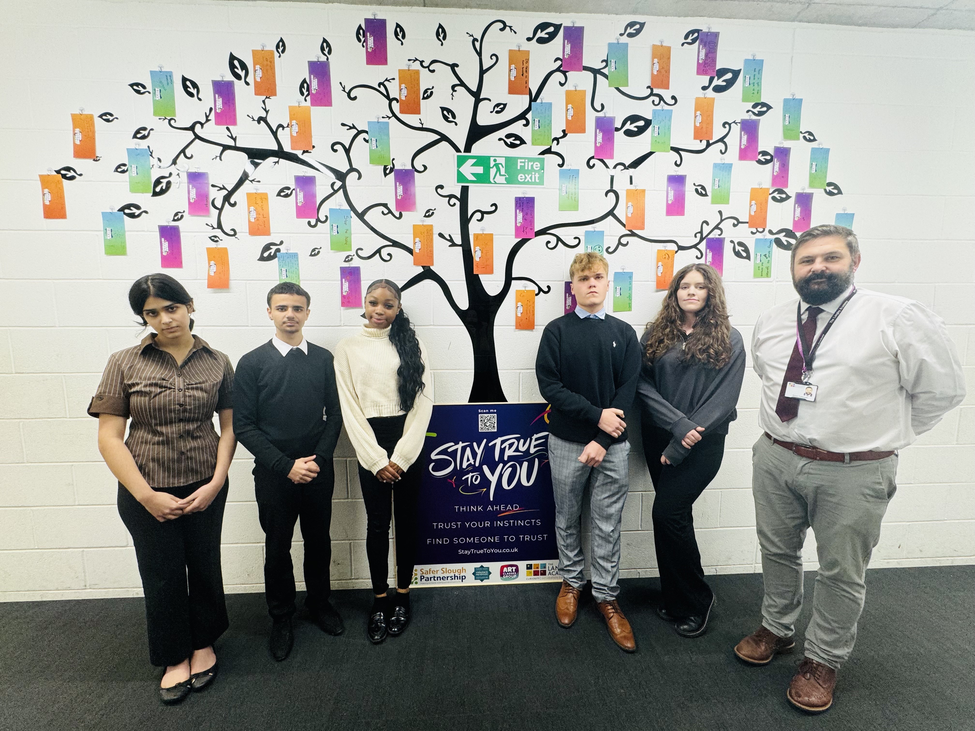 School pupils from The Langley Academy with the tree of life artwork.