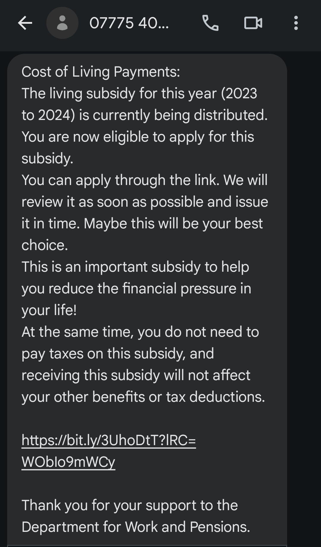Example of a scam text message relating to cost of living payments that says its from DWP but isn't.
