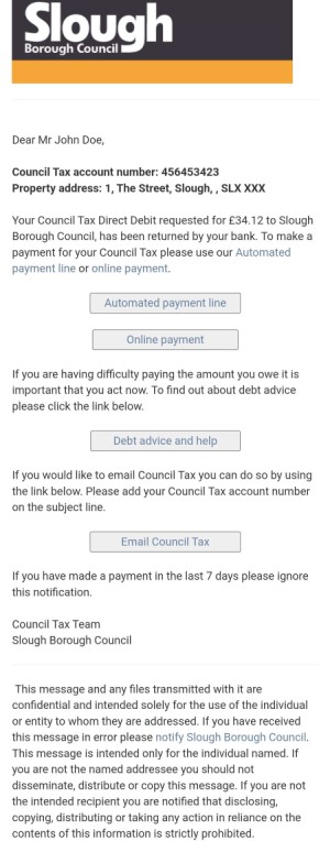 Example of text message the Council Tax messaging service will send to a resident asking them to action a request.
