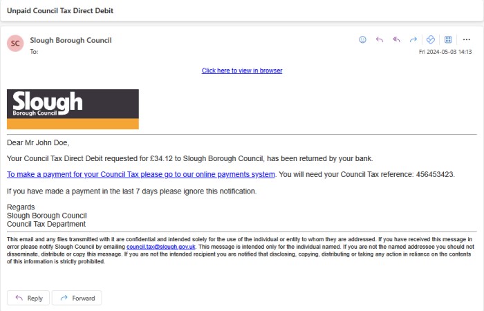 Example of an email the Council Tax messaging service will send to a resident.