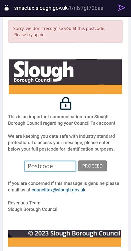 Example of incorrect postcode screen the Council Tax messaging service will display to a resident.