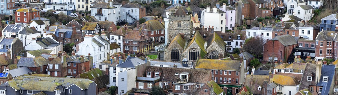 Aerial view of a town&#039;s landscape.